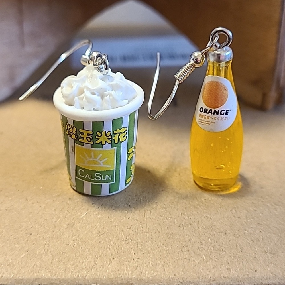 Handmade Novelty Food Earrings Funky Mismatched Earrings Popcorn Orange Soda
